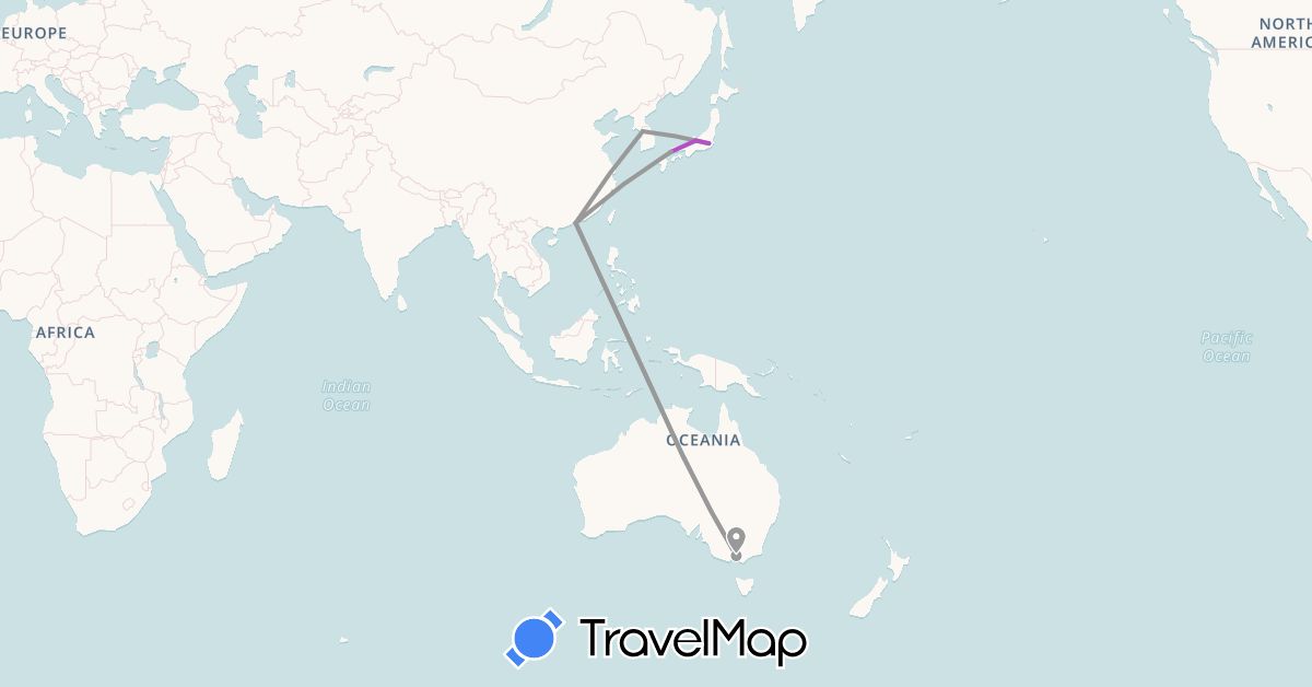 TravelMap itinerary: driving, plane, train in Australia, Hong Kong, Japan, South Korea (Asia, Oceania)